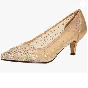 XYD Gold Pointed Toe Slip On Mesh Pumps Rhinestone Studs Comfy Kitten Heels Shoe